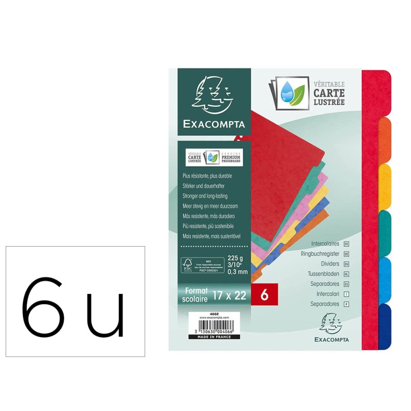 INTERCALAIRE EXACOMPTA CARTE LUSTRÉE 225G 6 TOUCHES FORMAT ÉCOLIER 17X22CM COLORIS ASSORTIS