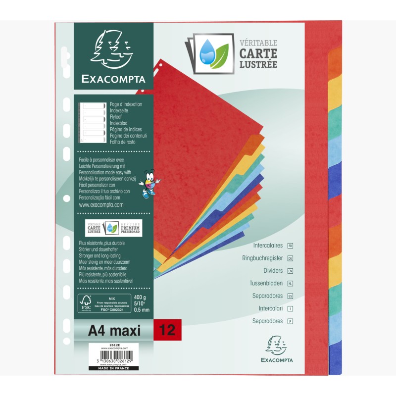 INTERCALAIRES EXACOMPTA CARTE LUSTRÉE RIGIDE FORMAT A4+ 24,5X29,7CM 12 POSITIONS COLORIS ASSORTIS