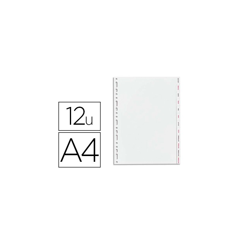 INTERCALAIRE OXFORD POLYPROPYLÈNE SOUPLE GRIS 12 POSITIONS A4 210X297MM DÉSIGNATION MENSUEL ONGLETS BICOLORES