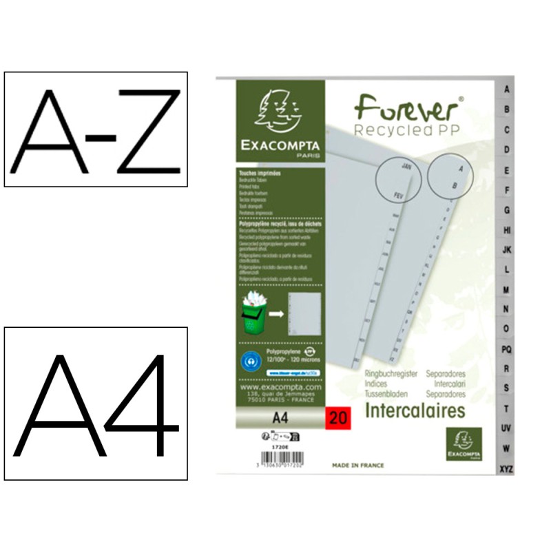 INTERCALAIRES IMPRIMES ALPHABETIQUES EXACOMPTA       POLYPROPYLENE A4 20POSITIONES A-Z GRIS