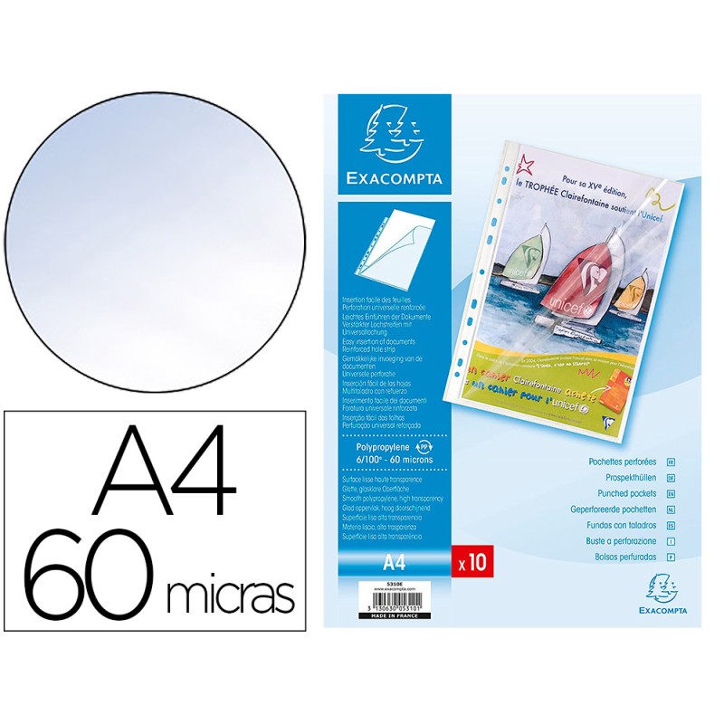 POCHETTE EXACOMPTA POLYPROPYLÈNE LISSE 6/100E PERFORÉE A4 OUVERTURE COIN SACHET 10 UNITÉS