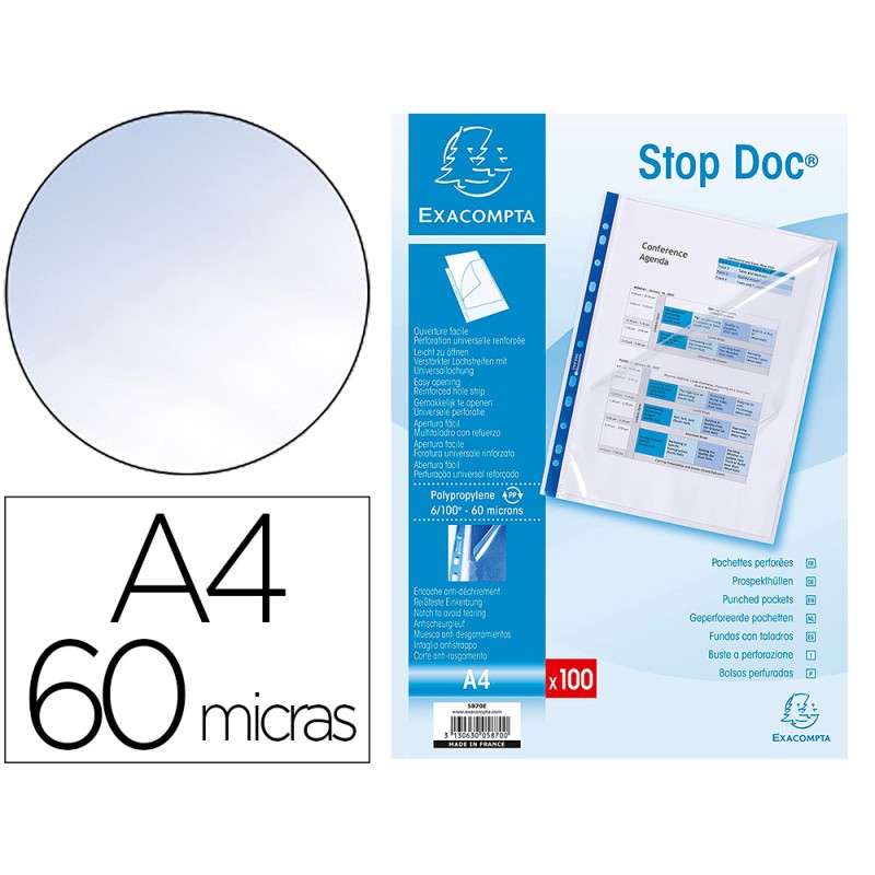 POCHETTE COIN EXACOMPTA STOP DOC PERFORÉE POLYPROPYLÈNE LISSE 6/100E A4 CRISTAL INCOLORE ÉTUI CARTON 100 UNITÉS