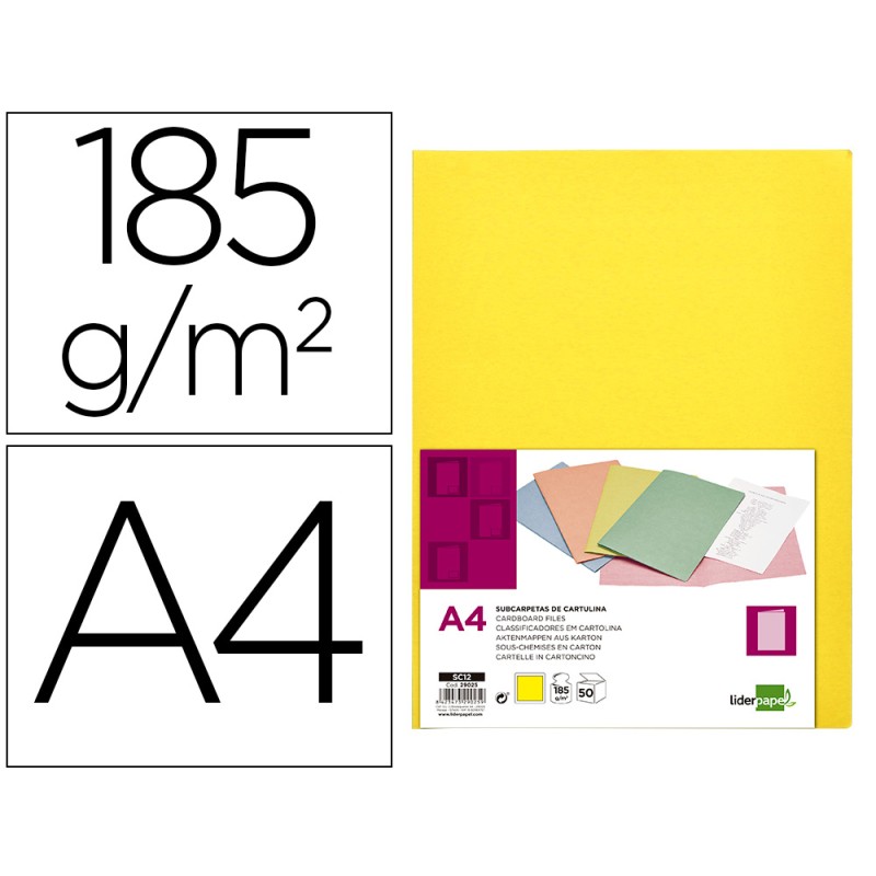 SOUS-CHEMISE LIDERPAPEL PAPIER CARTONNÉ 180G 310X230MM DOCUMENT A4 210X297MM COLORIS PASTEL JAUNE INTENSE