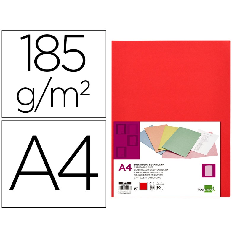 SOUS-CHEMISE LIDERPAPEL PAPIER CARTONNÉ 180G 310X230MM DOCUMENT A4 210X297MM COLORIS PASTEL ROUGE INTENSE