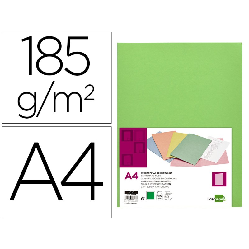 SOUS-CHEMISE LIDERPAPEL PAPIER CARTONNÉ 180G 310X230MM DOCUMENT A4 210X297MM COLORIS PASTEL VERT INTENSE