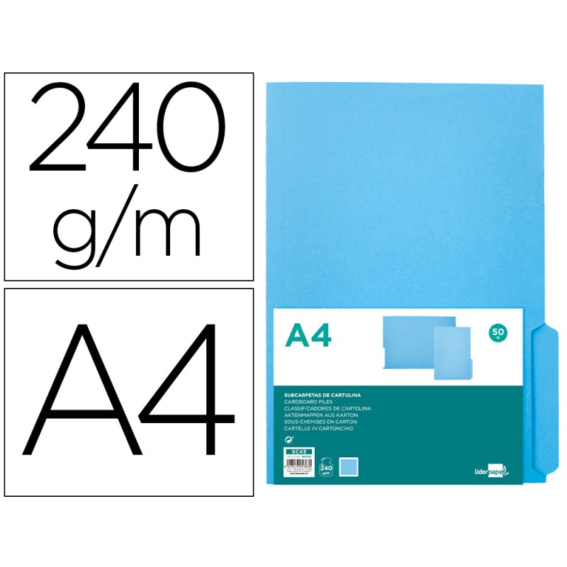 SOUS-CHEMISE LIDERPAPEL PAPIER CARTONNE 240G/M2 DOCUMENT A4 ONGLET INFERIEUR COLORIS BLEU