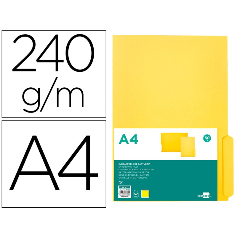 SOUS-CHEMISE LIDERPAPEL PAPIER CARTONNE 240G/M2 DOCUMENT A4 ONGLET INFERIEUR COLORIS JAUNE