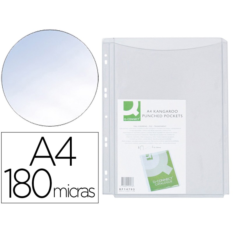 POCHETTE Q-CONNECT PVC 18/100E PERFORÉE SOUFFLET CAPACITÉ 100F PLAN A4 SACHET 5 UNITÉS