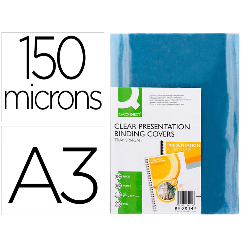 PLAT COUVERTURE Q-CONNECT PVC INCOLORE 150 MICRONS A3 RELIEURS SPIRALES PEIGNES ANNEAUX PAQUET 100 UNITÉS