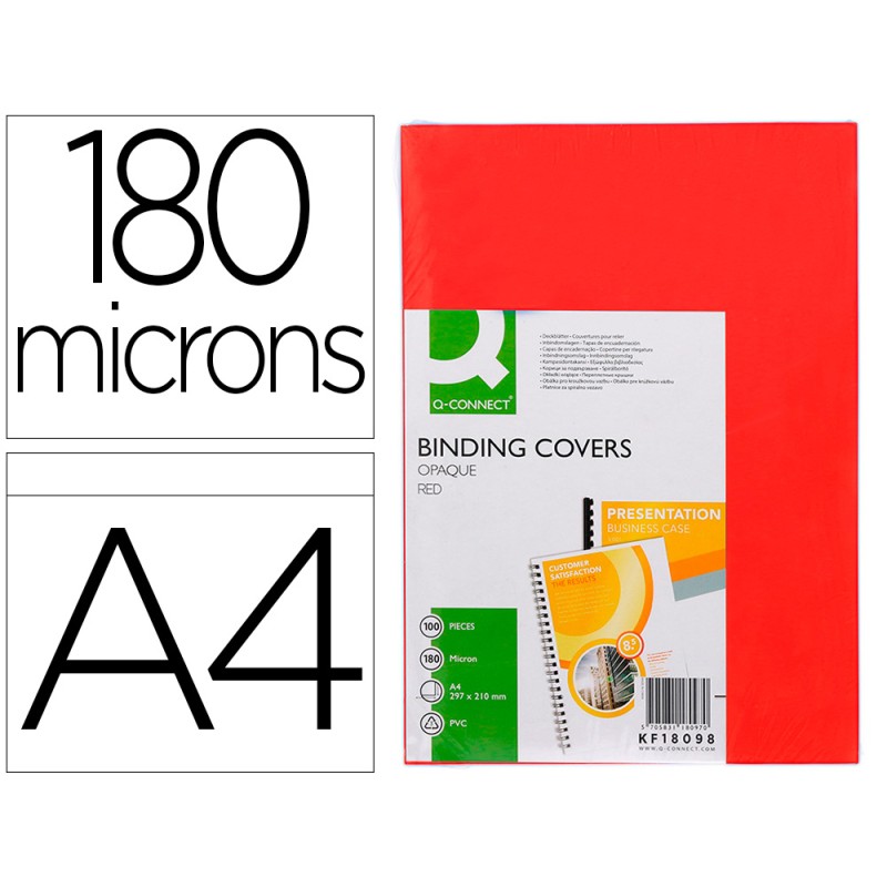 PLAT COUVERTURE Q-CONNECT PVC 180 MICRONS A4 RELIEURS SPIRALES PEIGNES ANNEAUX COLORIS ROUGE BOÎTE 100 UNITÉS