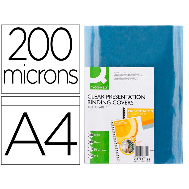 PLAT COUVERTURE Q-CONNECT PVC 200 MICRONS A4 RELIEURS SPIRALES PEIGNES ANNEAUX INCOLORE PAQUET 100 UNITÉS