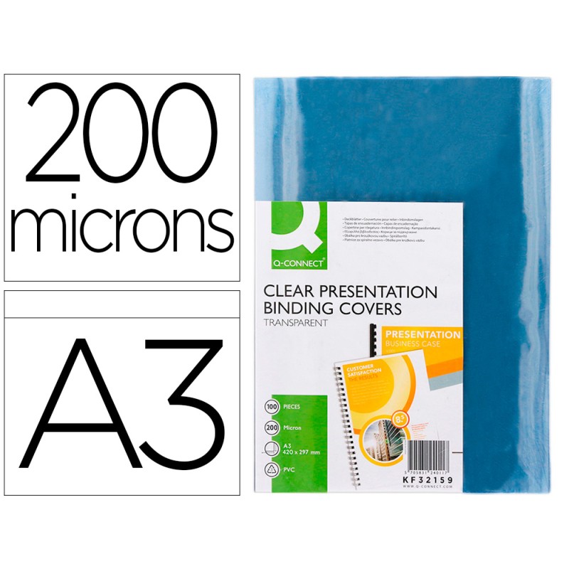 PLAT COUVERTURE Q-CONNECT PVC 200 MICRONS A3 RELIEURS SPIRALES PEIGNES ANNEAUX INCOLORE PAQUET 100 UNITÉS