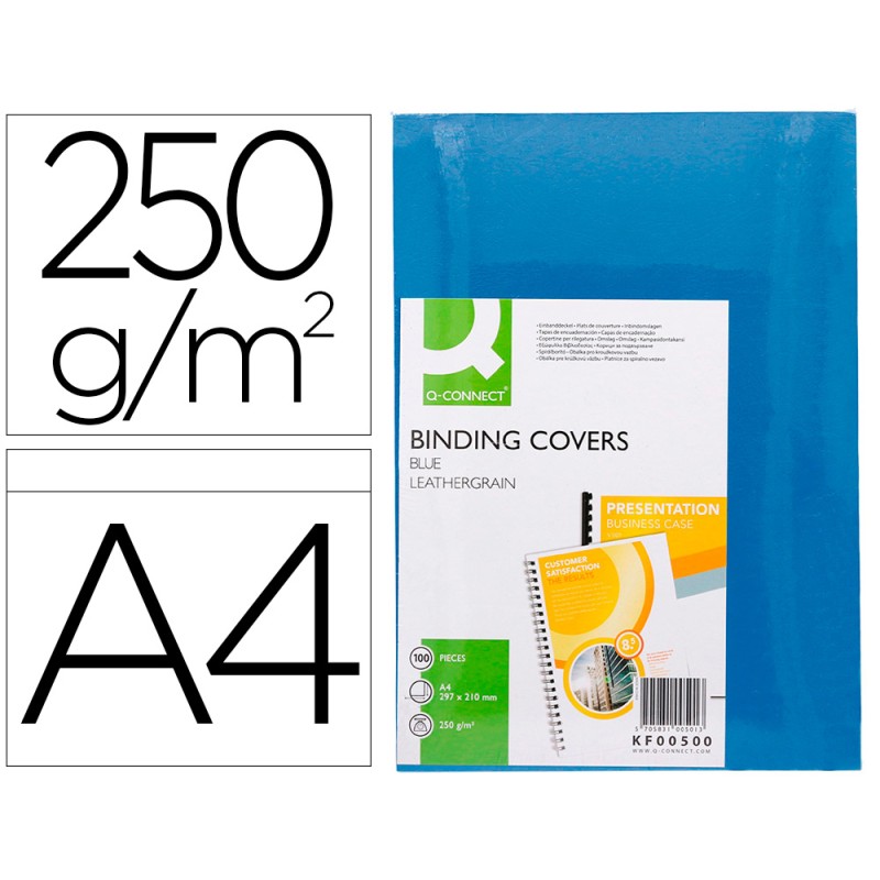 COUVERTURE Q-CONNECT CARTON 250G GRAIN CUIR POUR RELIURE FORMAT A4 COLORIS BLEU PAQUET 100 UNITÉS