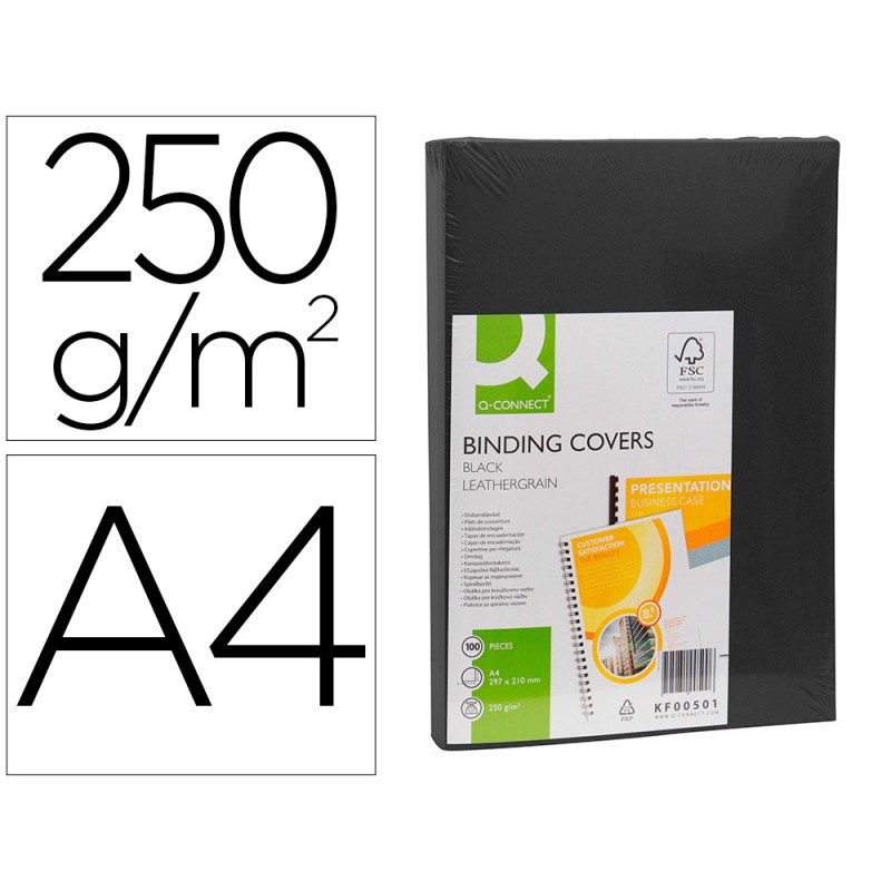 COUVERTURE Q-CONNECT CARTON 250G GRAIN CUIR POUR RELIURE FORMAT A4 COLORIS NOIR PAQUET 100 UNITÉS