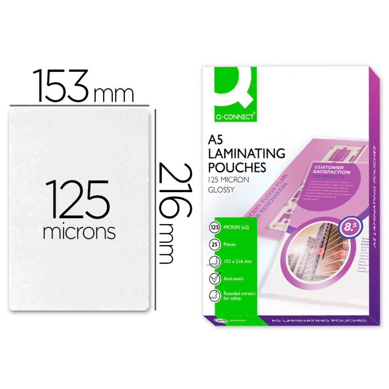 POCHETTE PLASTIFICATION Q-CONNECT AUTOADHÉSIVE 2 FACES FORMAT A5 125 MICRONS ANTISTATIQUE BOÎTE 25 UNITÉS