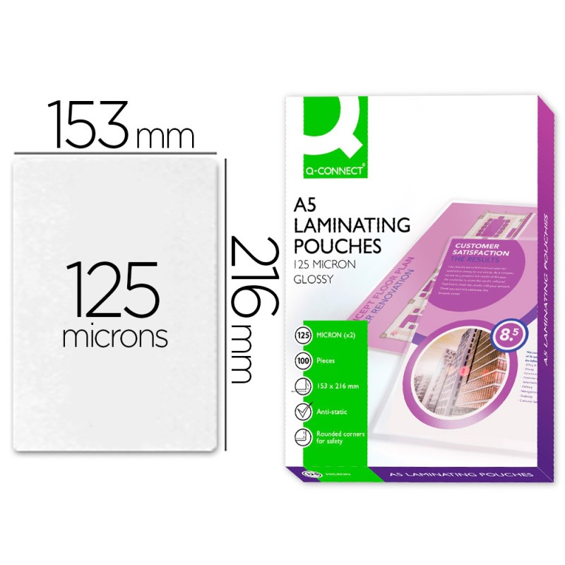 POCHETTE PLASTIFICATION Q-CONNECT AUTOADHÉSIVE 2 FACES FORMAT A5 125 MICRONS ANTISTATIQUE BOÎTE 100 UNITÉS