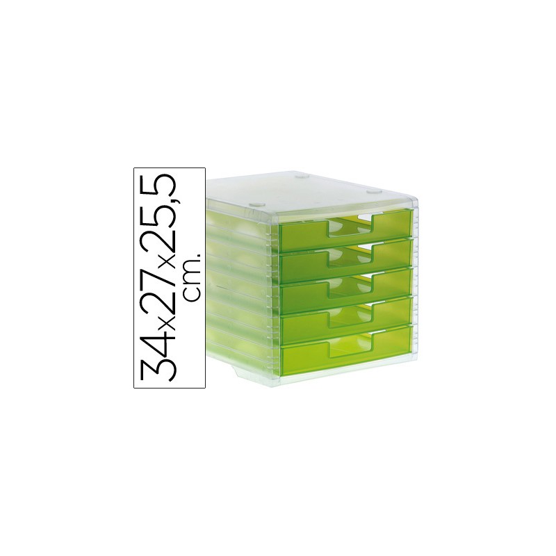 MODULE CLASSEMENT Q-CONNECT 5 TIROIRS OUVERTS BASE 340X270X260MM BUTÉE SÉCURITÉ COLORIS VERT TRANSLUCIDE
