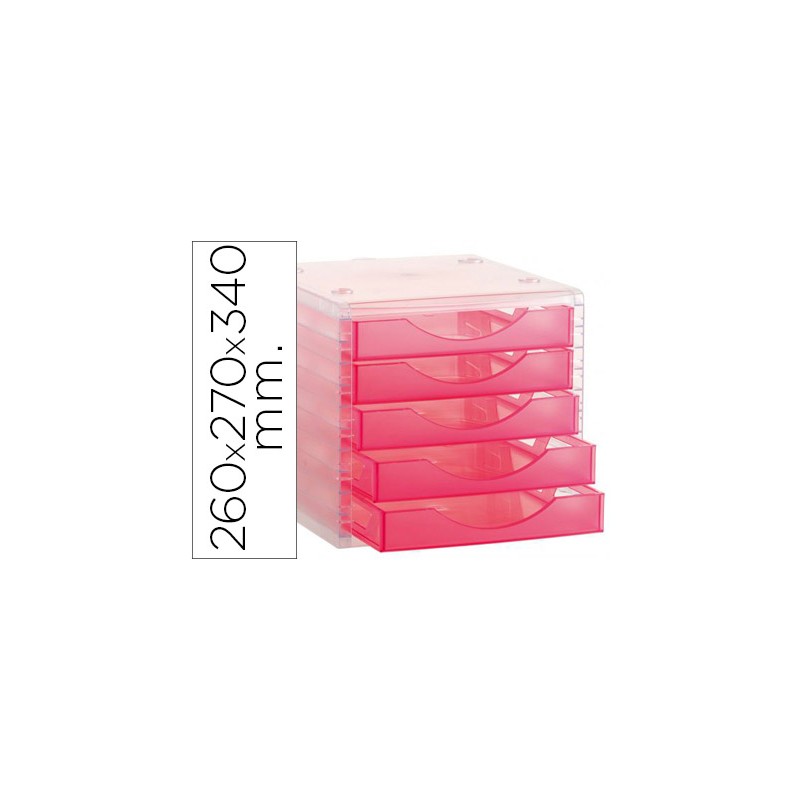 MODULE CLASSEMENT Q-CONNECT 5 TIROIRS OUVERTS BASE 340X270X260MM BUTÉE SÉCURITÉ COLORIS ROSE TRANSLUCIDE
