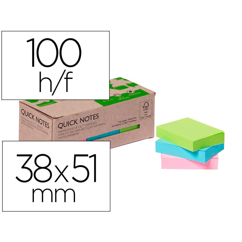 BLOC NOTES Q-CONNECT QUICK NOTES 38X51MM 100F ADHESIVES REPOSITIONABLES COLORIS PASTEL ASSORTIS PACK 12 UNITES