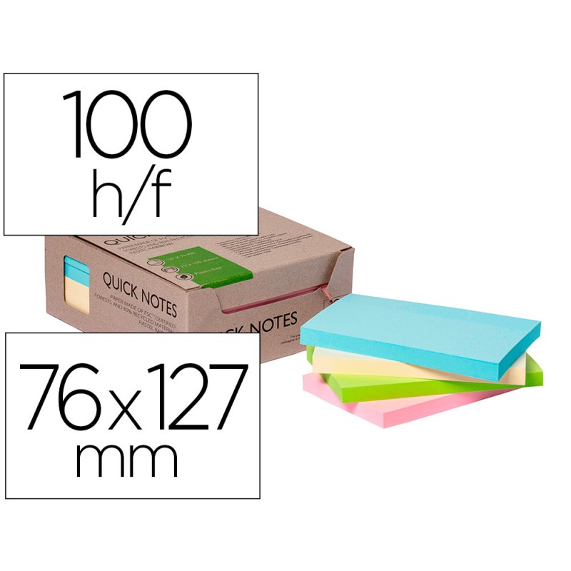 BLOC NOTES Q-CONNECT QUICK NOTES 76X127MM 100F ADHESIVES REPOSITIONABLES COLORIS PASTEL ASSORTIS PACK 12 UNITES
