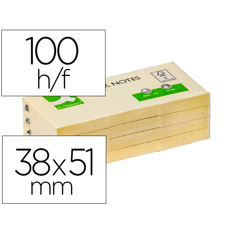 BLOC-NOTES Q-CONNECT QUICK NOTES 38X51MM 3 BLOCS 100F REPOSITIONNABLES COLORIS JAUNE