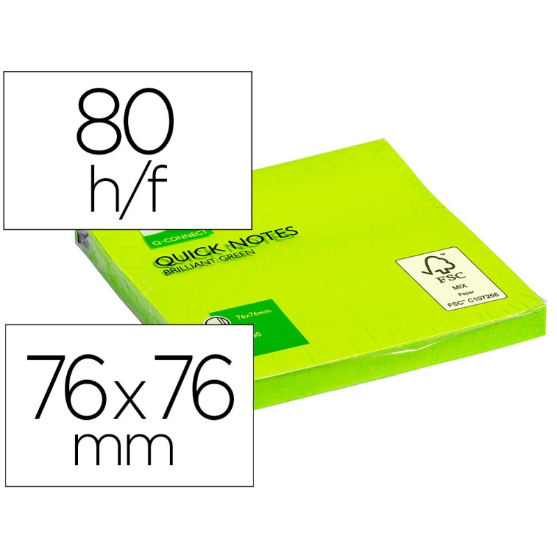 BLOC-NOTES Q-CONNECT QUICK NOTES COULEURS NÉON 76X76MM 80F REPOSITIONNABLES COLORIS VERT VIF