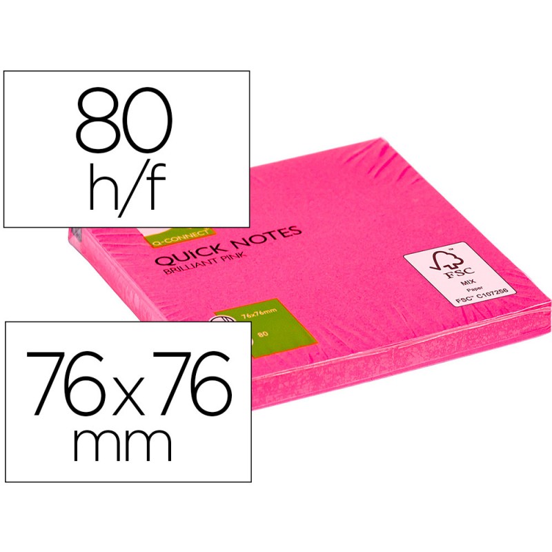 BLOC-NOTES Q-CONNECT QUICK NOTES COULEURS NÉON 76X76MM 80F REPOSITIONNABLES COLORIS ROSE VIF